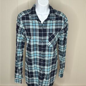 Eddie Bauer women’s flannel Navy and Light Blue Plaid Shirt.  Tall medium